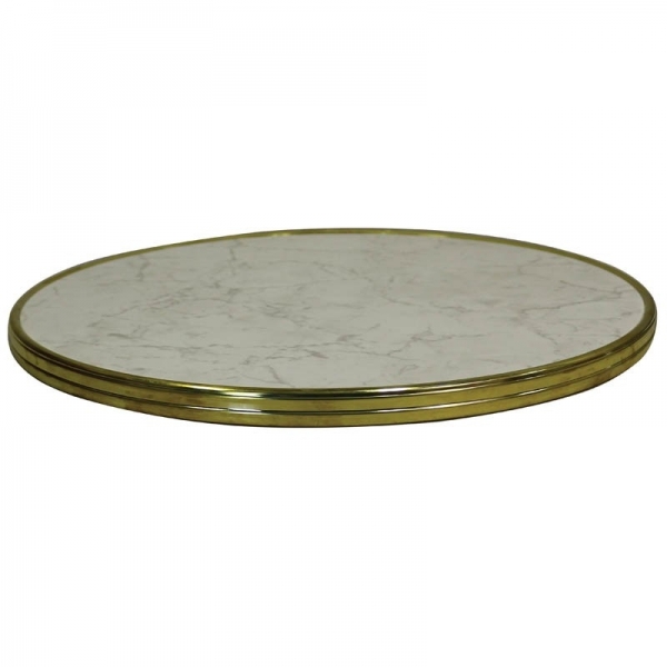 Plateau Topalit ép. 34 mm rond - Blanc marbré - Cerclage laiton